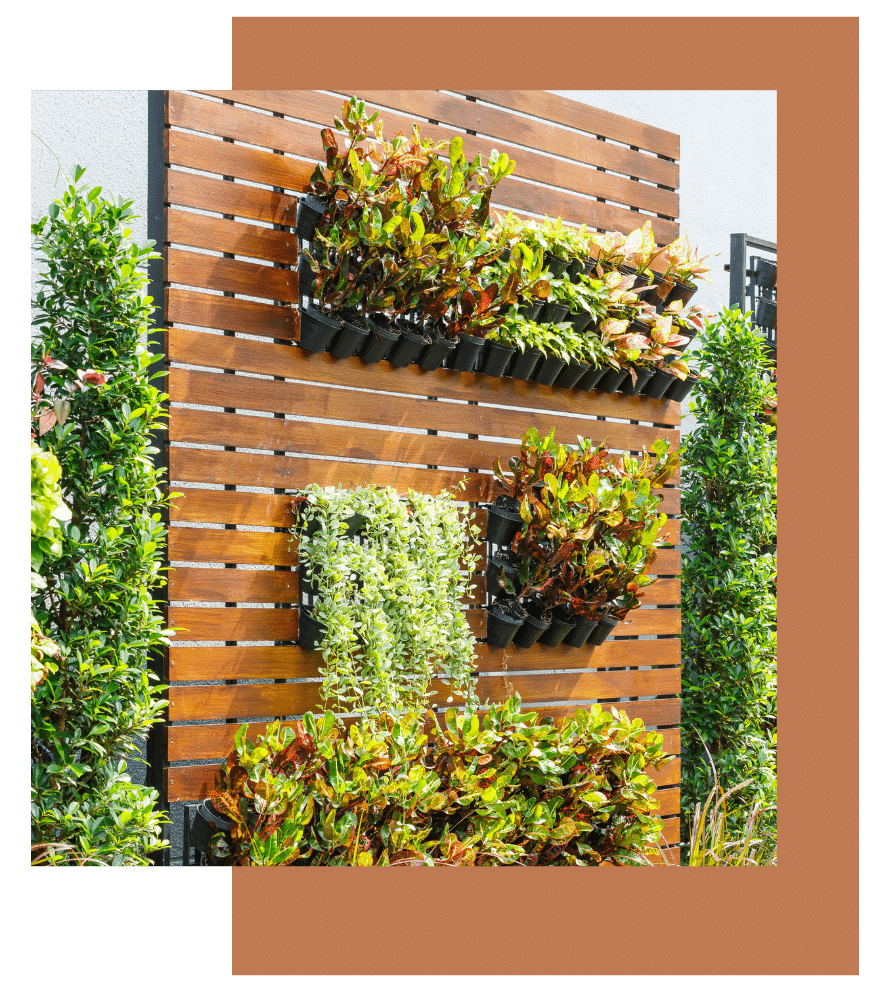Vertical garden with decorative planters attached to a wooden privacy wall