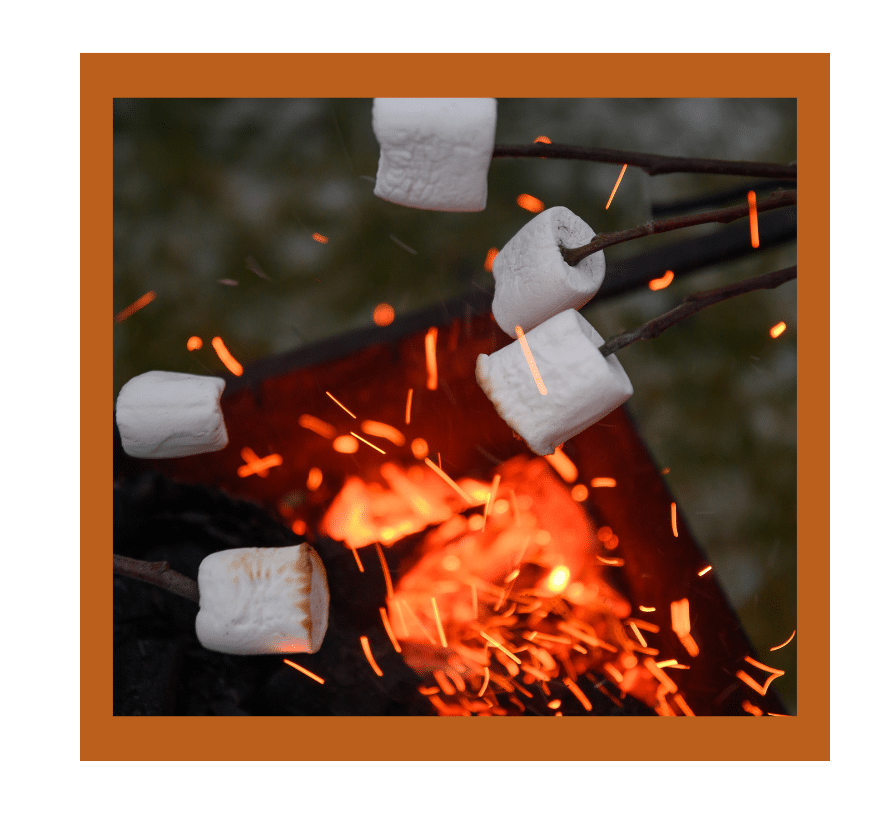 Close-up of marshmallows being roasted over an open fire pit with glowing sparks.