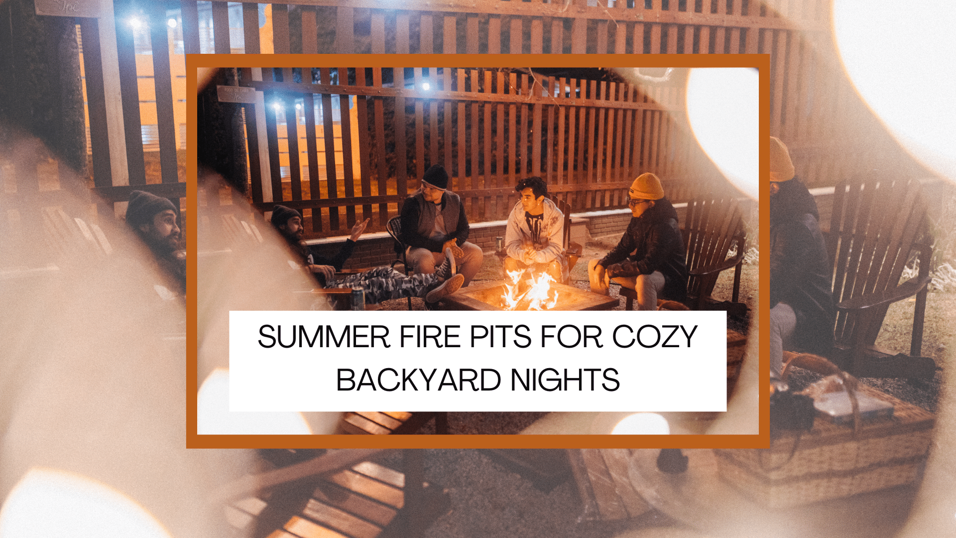 Group of friends sitting around a square fire pit in a cozy backyard setting with string lights and wooden fencing.