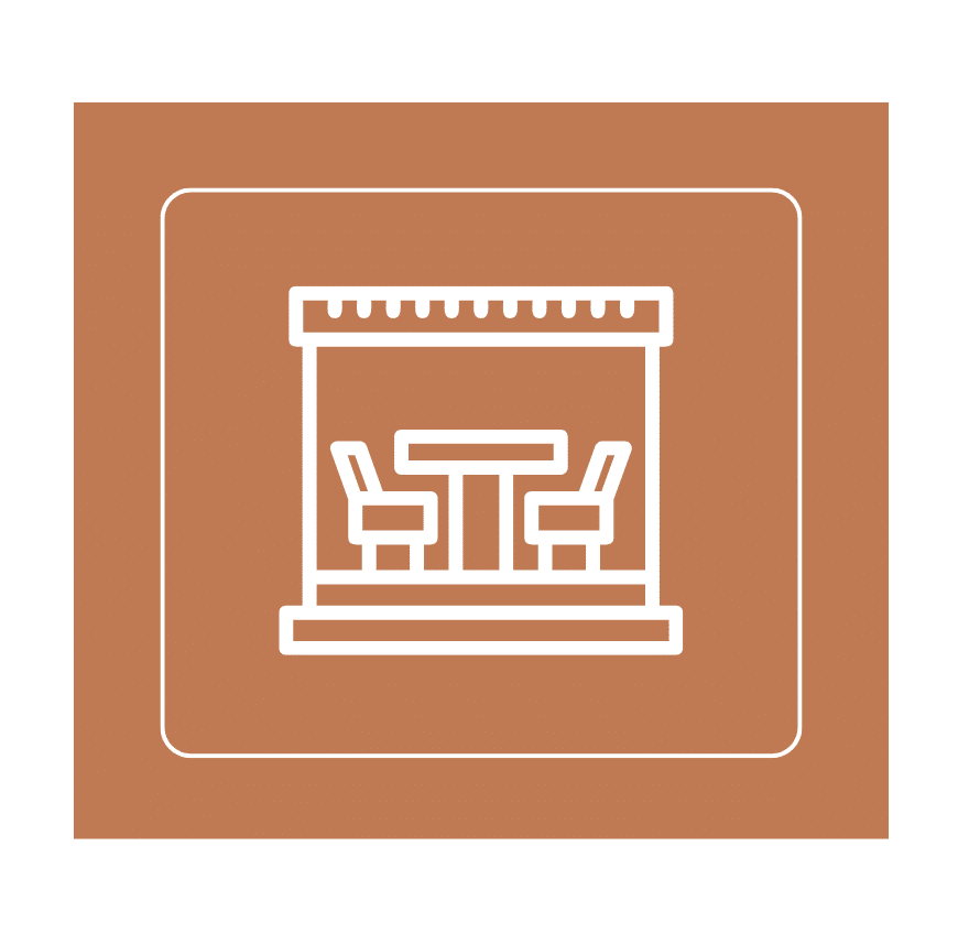 Icon showing a pergola patio with furniture, ideal for low-maintenance outdoor living