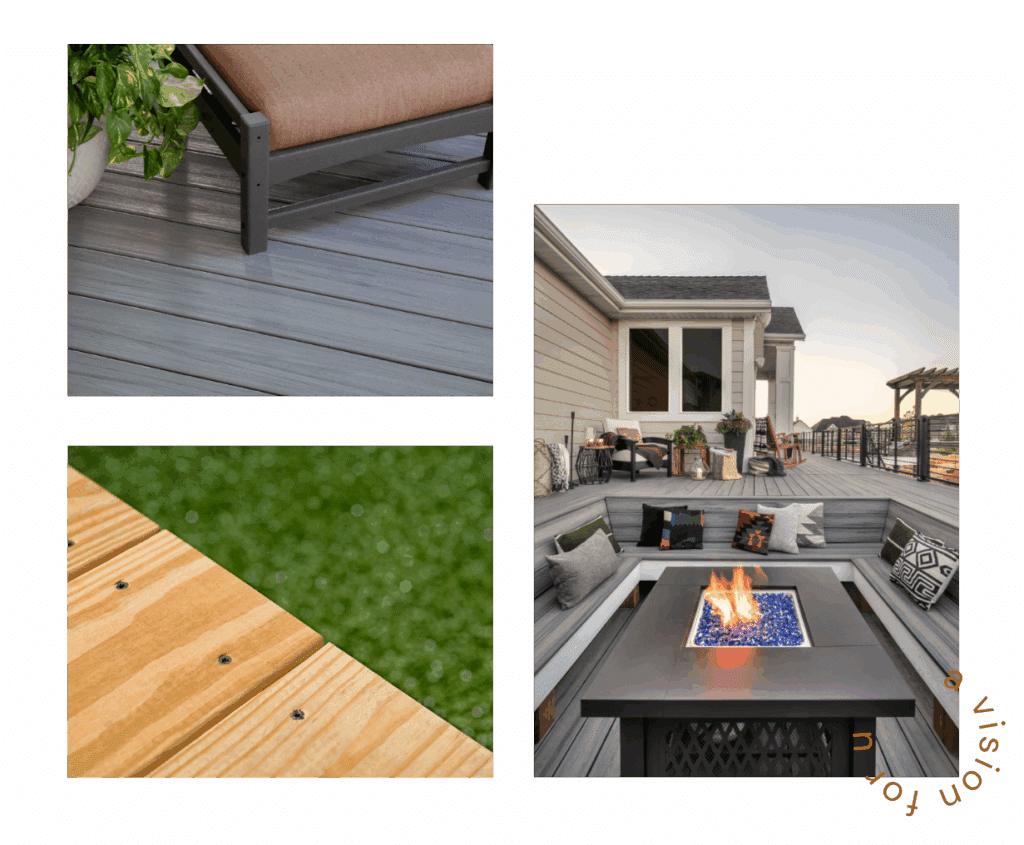 Collage showing low-maintenance composite decking with a fire pit, modern seating, and close-up textures