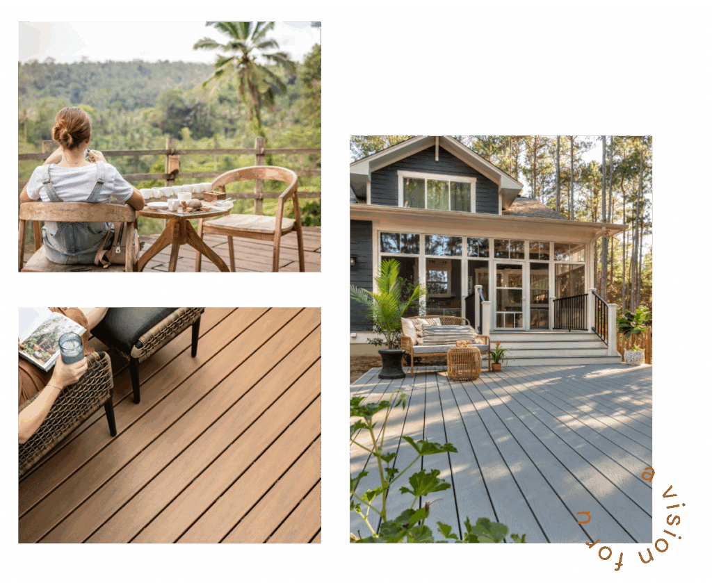 how much does a deck cost for outdoor low-maintenance decking scenes with seating, plants, and relaxing moments in forested and garden settings