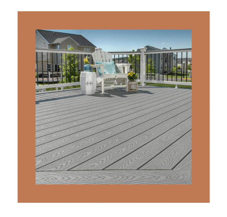Light gray TREX composite decking with white Adirondack chair and potted plants on a balcony