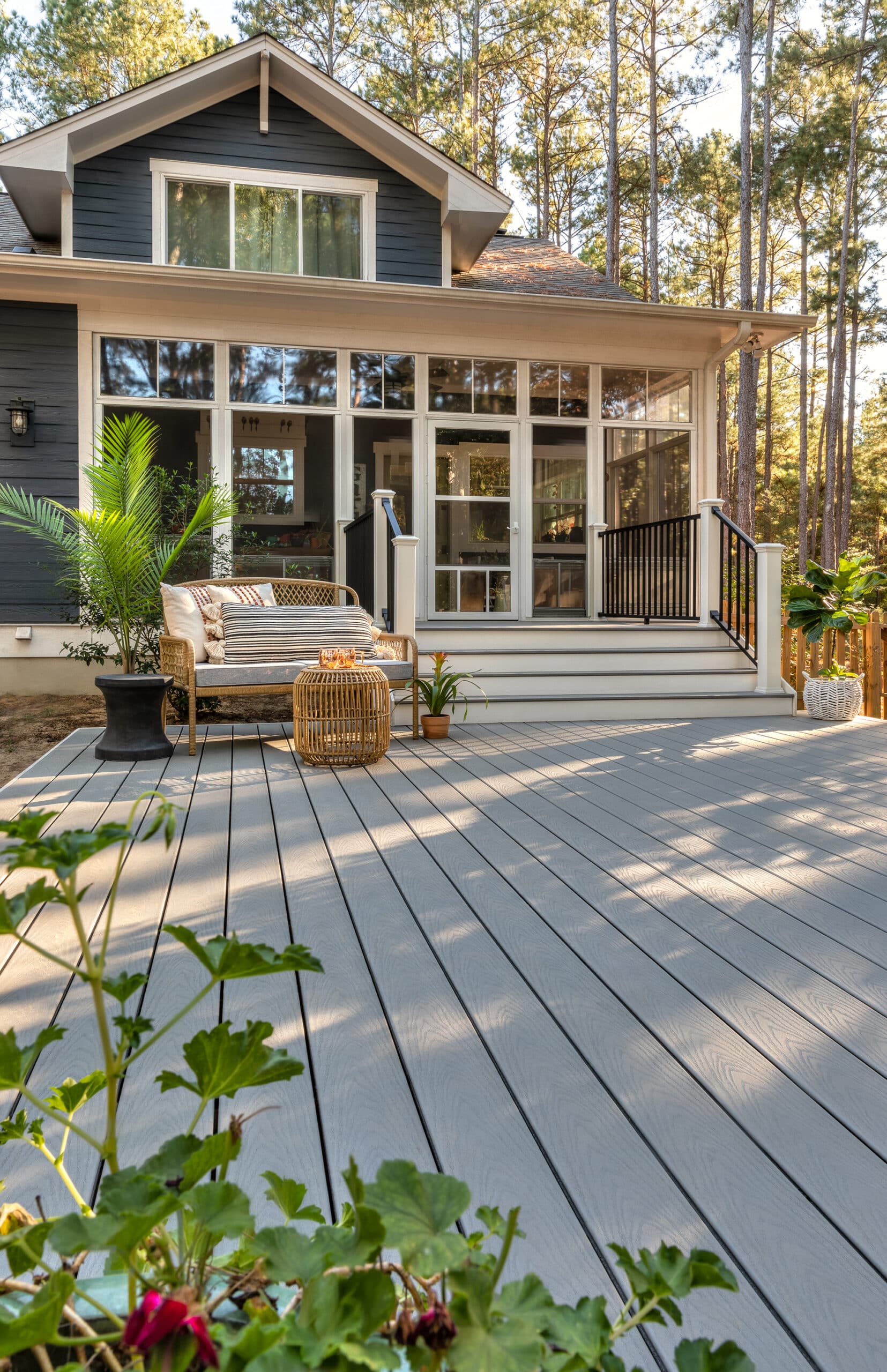 TREX composite decking on a spacious patio next to a forest with potted plants and lounge furniture