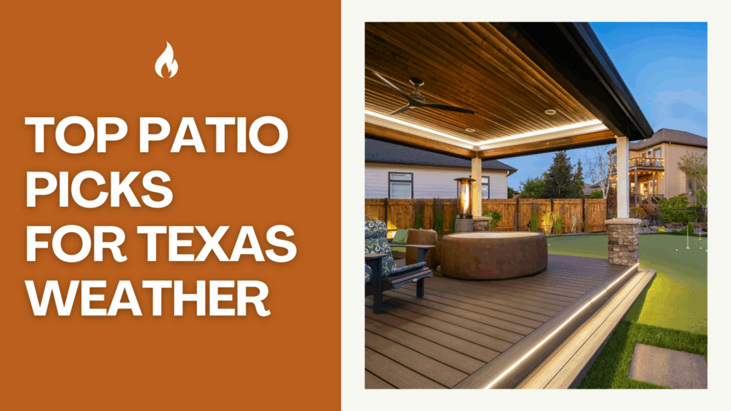Deck scene with TREX composite decking and text highlighting top low-maintenance patio picks for Texas