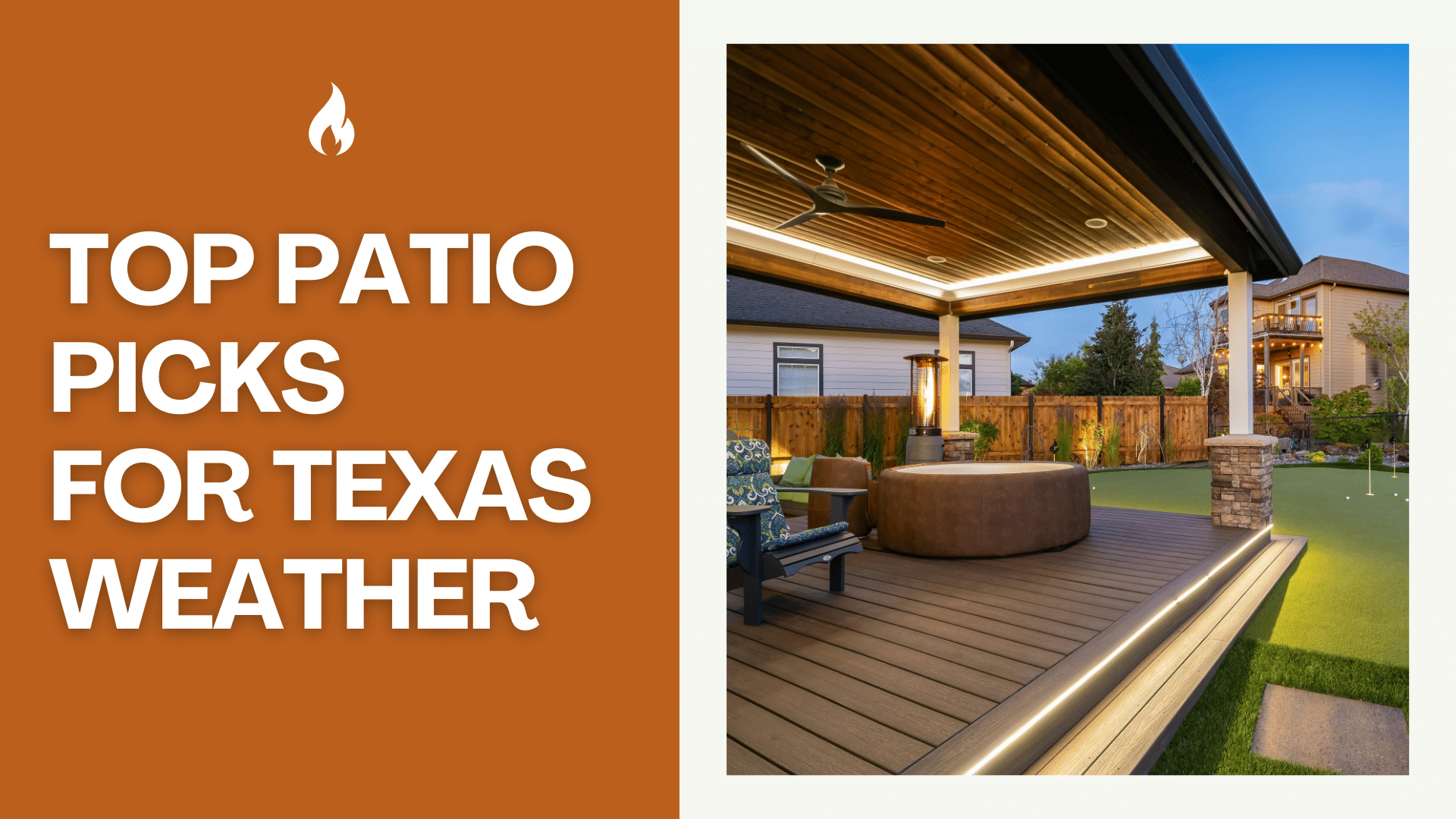 Deck scene with TREX composite decking and text highlighting top low-maintenance patio picks for Texas
