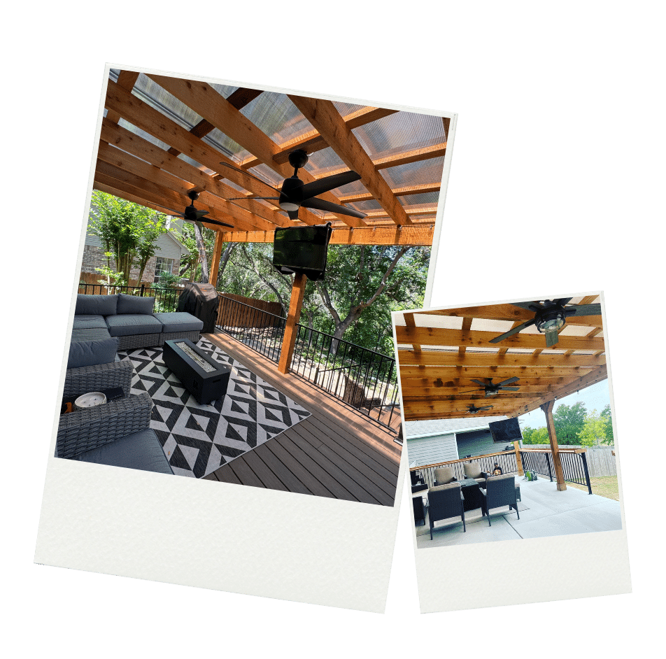Fall gameday patio ideas featuring a smart outdoor TV setup under a covered deck