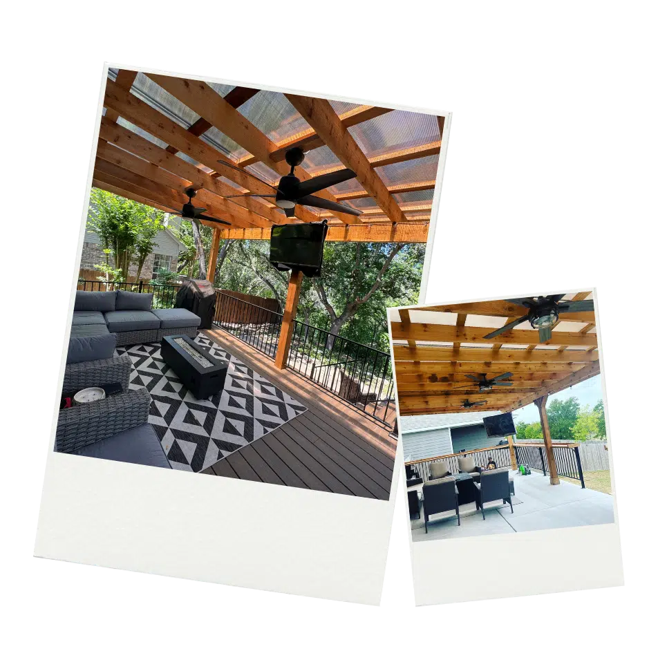 Fall gameday patio ideas featuring a smart outdoor TV setup under a covered deck