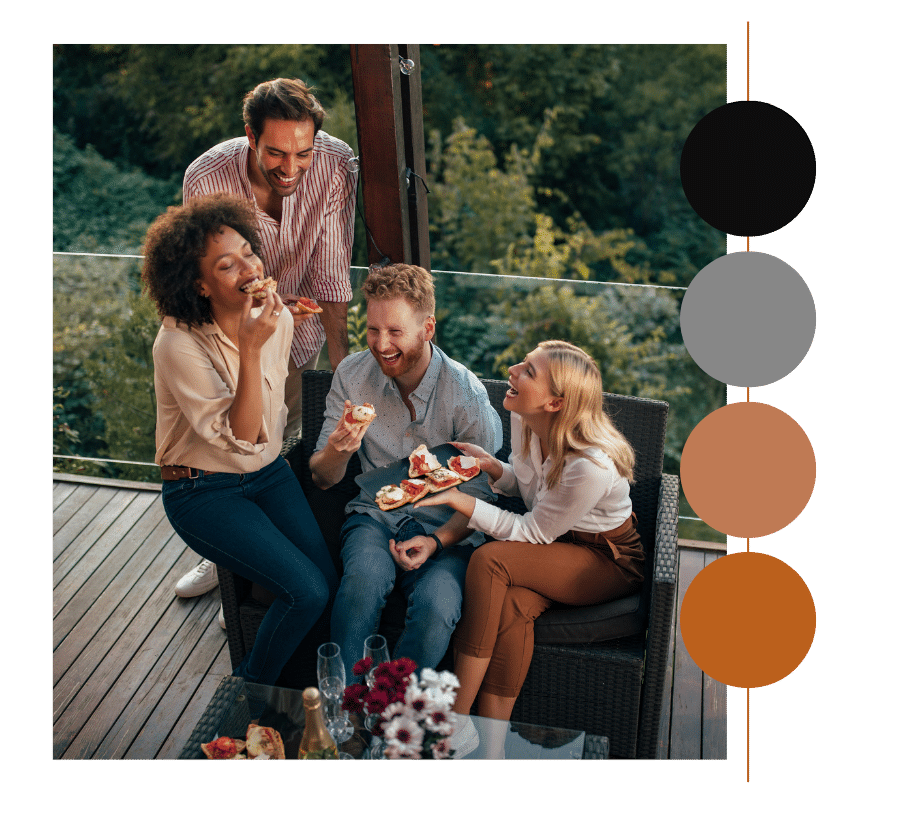 Fall deck maintenance shown on clean, styled patio space with friends enjoying food outdoors