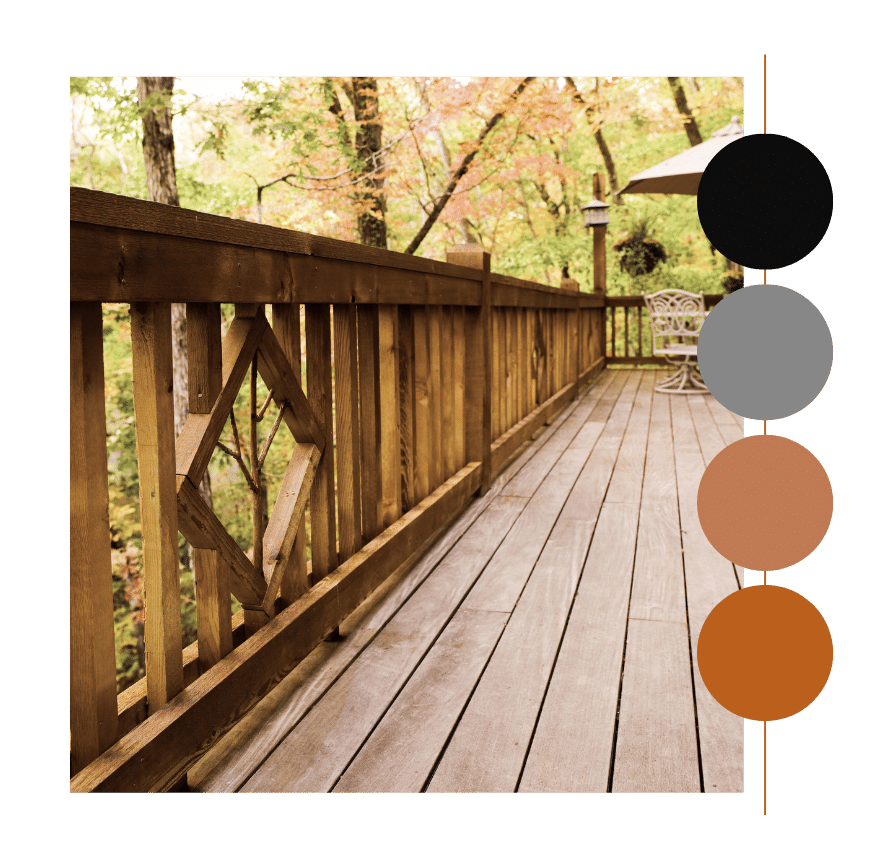 Fall deck maintenance for wood surfaces shown with autumn backdrop and rustic railings